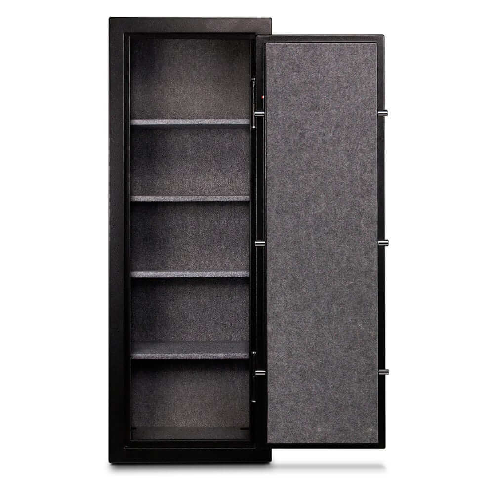 Mesa Ammo Safe MGL14-AS-E with open door and adjustable shelves, designed for secure ammo storage.