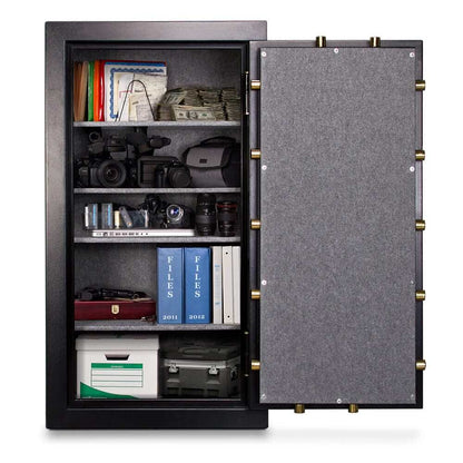 Open Mesa Constitution Safe MBF6032C-P showcasing all steel construction with valuables and documents organized on multiple shelves.