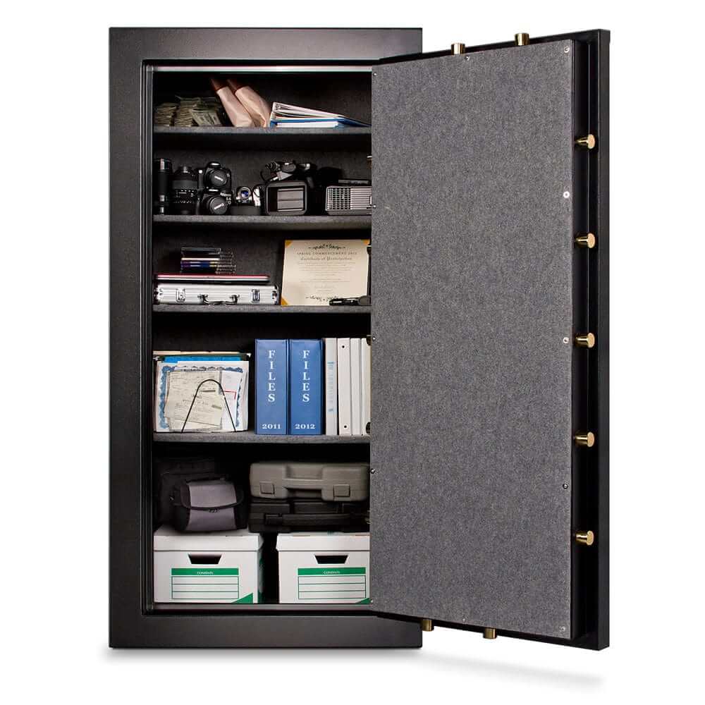 Mesa Constitution Safe with combination lock, showcasing office supplies, cameras, and documentation storage.