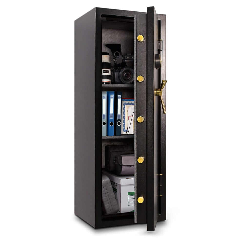 Mesa Constitution Safe with electronic lock, showing interior with cameras and documents, providing security for valuables.