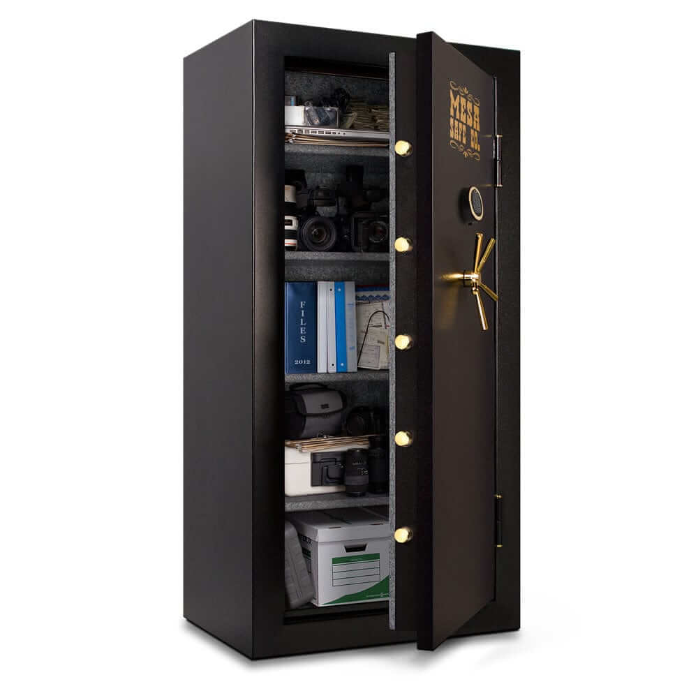 Mesa Constitution Safe with electronic lock, showcasing interior storage for documents and valuables, all steel construction.