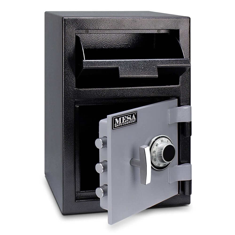 Mesa Depository Safe with combination lock, 0.8 cu. ft., two-tone black and grey finish for secure cash storage.