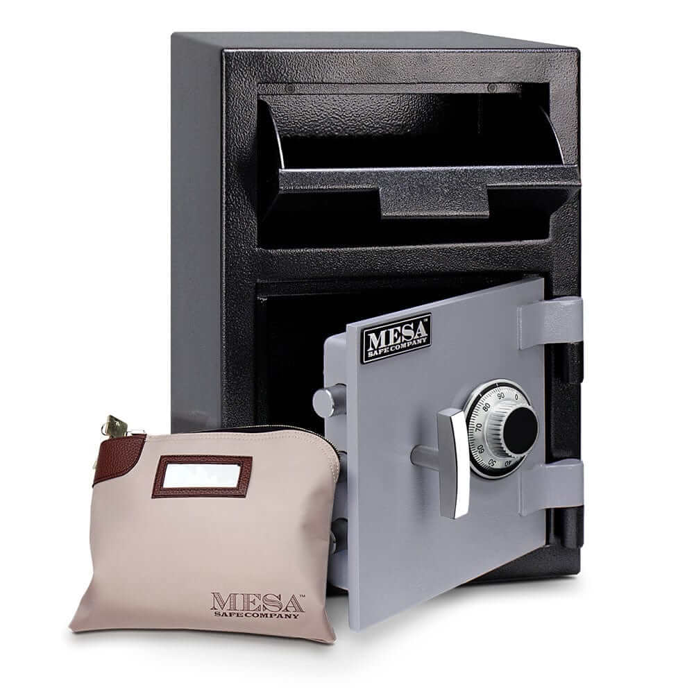 Mesa Depository Safe MFL2014C with combination lock, 0.8 cu. ft. capacity, in black and grey finish.