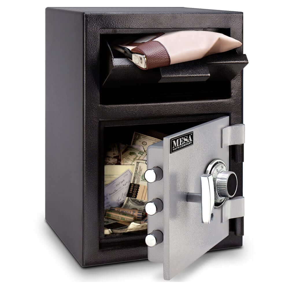 Mesa Depository Safe MFL2014C with combination lock, showcasing cash and valuables storage, two-tone black and grey design.