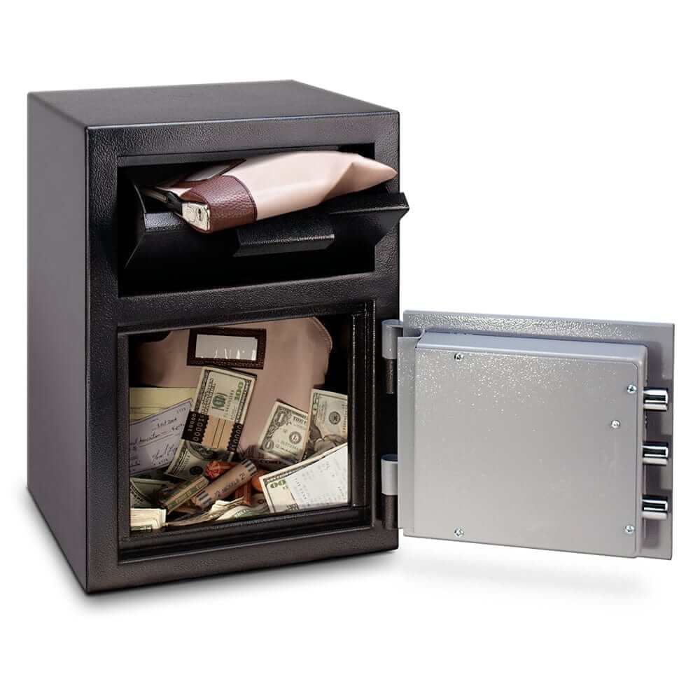 Mesa Depository Safe with cash and documents inside, featuring combination lock and secure two-tone design.