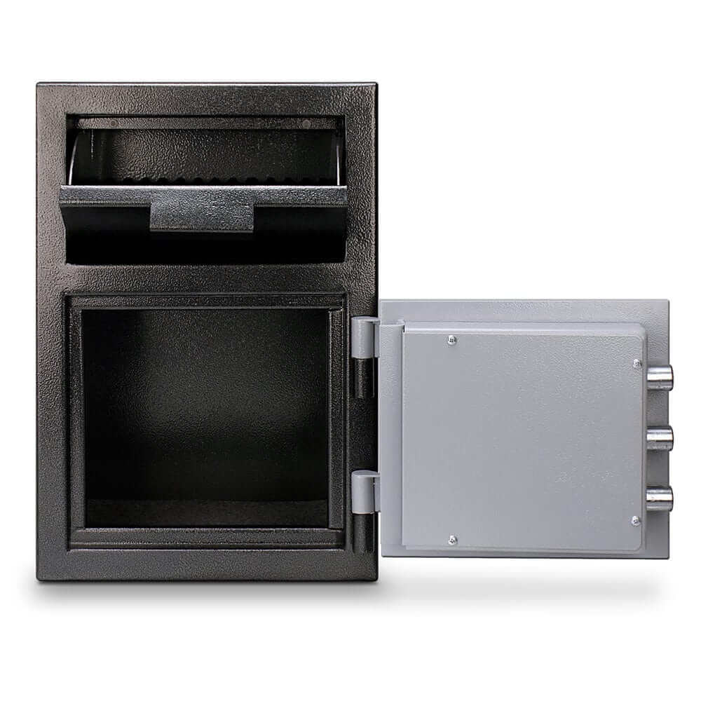 Mesa Depository Safe MFL2014C in black and grey with combination lock, featuring secure deposit slot and solid steel construction.