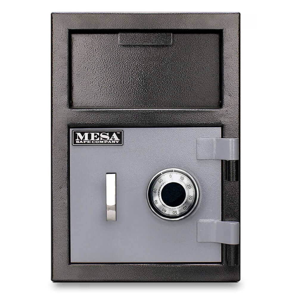 Mesa depository safe MFL2014C with combination lock, 0.8 cu. ft. capacity, two-tone black and grey finish.