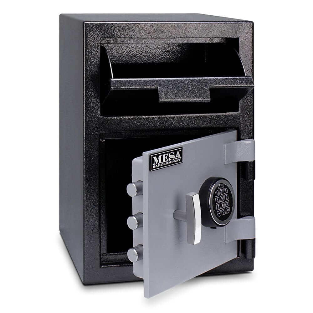 Mesa Depository Safe with electronic lock, 0.8 cu. ft., steel construction and two-tone black & grey finish.