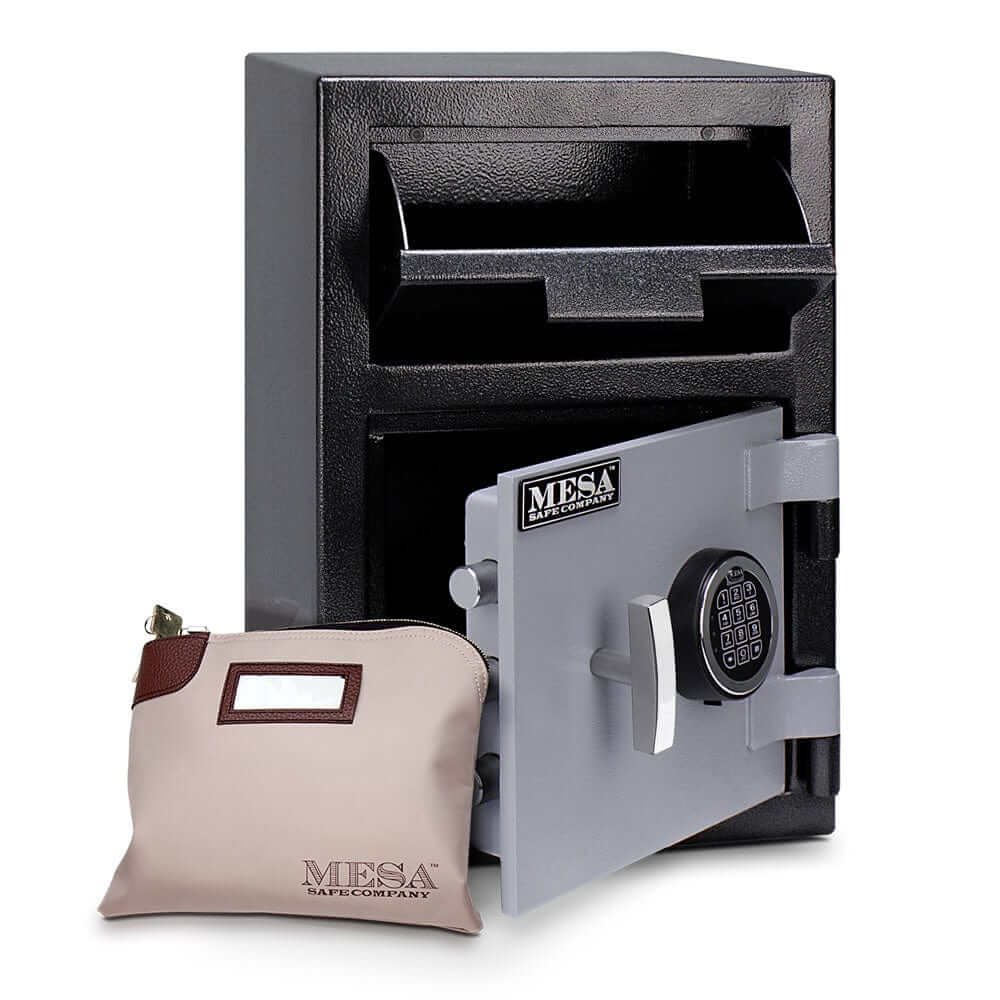 Mesa Depository Safe with electronic lock and cash pouch, designed for secure storage and protection against theft.