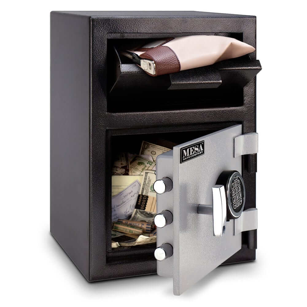 Mesa Depository Safe - 0.8 cu. ft. with electronic lock, securely storing cash and valuables in a black and grey finish.