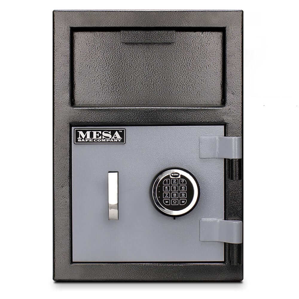 Mesa Depository Safe MFL2014E with electronic lock and two-tone black and grey finish, ideal for cash storage.