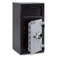 Mesa depository safe with combination lock and front loading deposit door, two-tone black and grey finish.