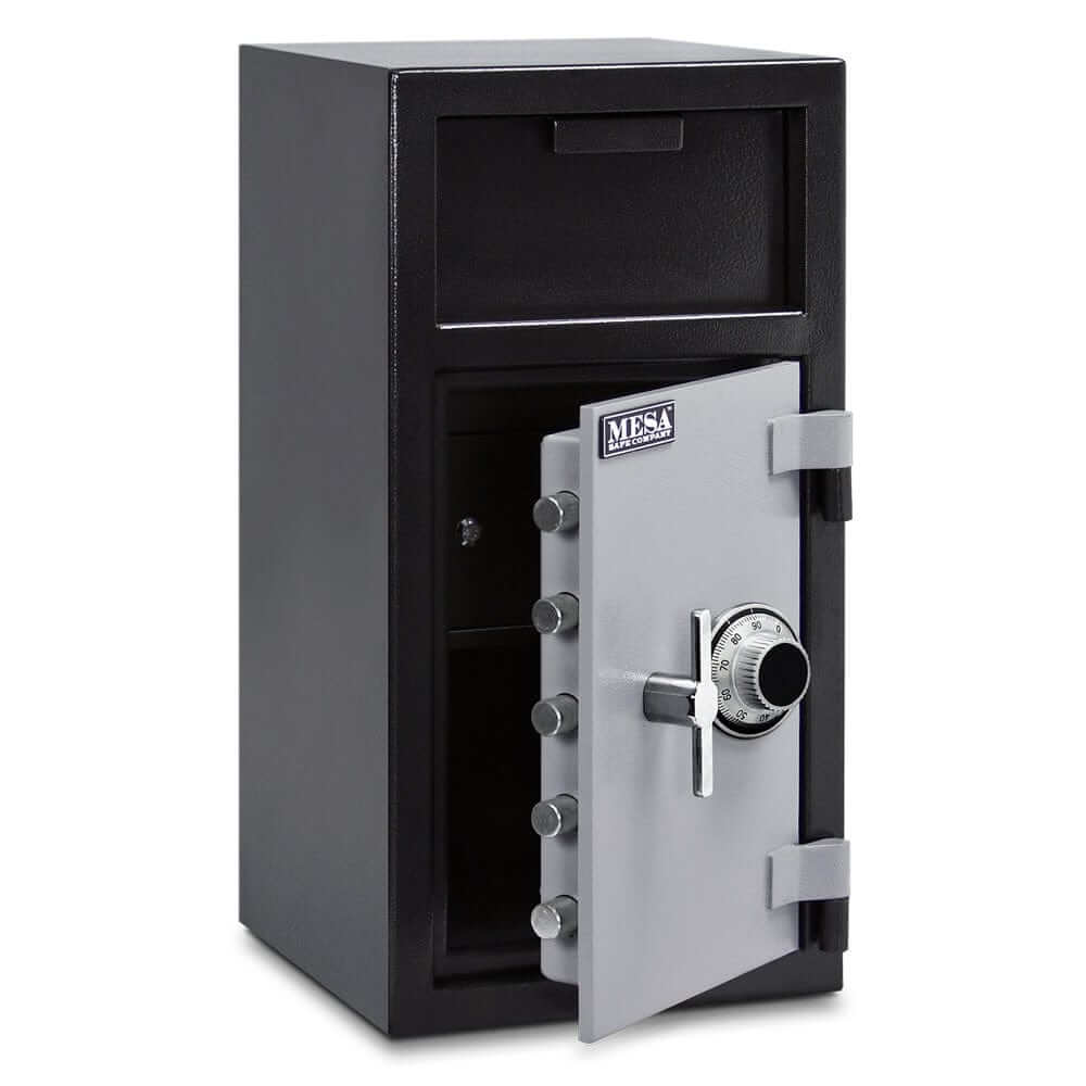 Mesa depository safe with combination lock and front loading deposit door, two-tone black and grey finish.