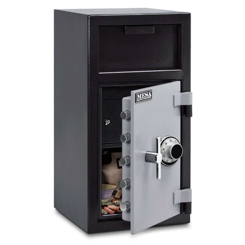 Mesa MFL2714CILK depository safe with combination lock, featuring front-loading deposit door and secure storage.