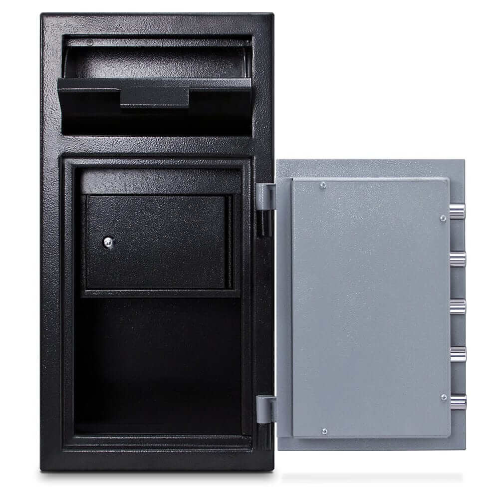 Mesa Depository Safe with front loading deposit door and secure storage compartment, two-tone black and grey design.