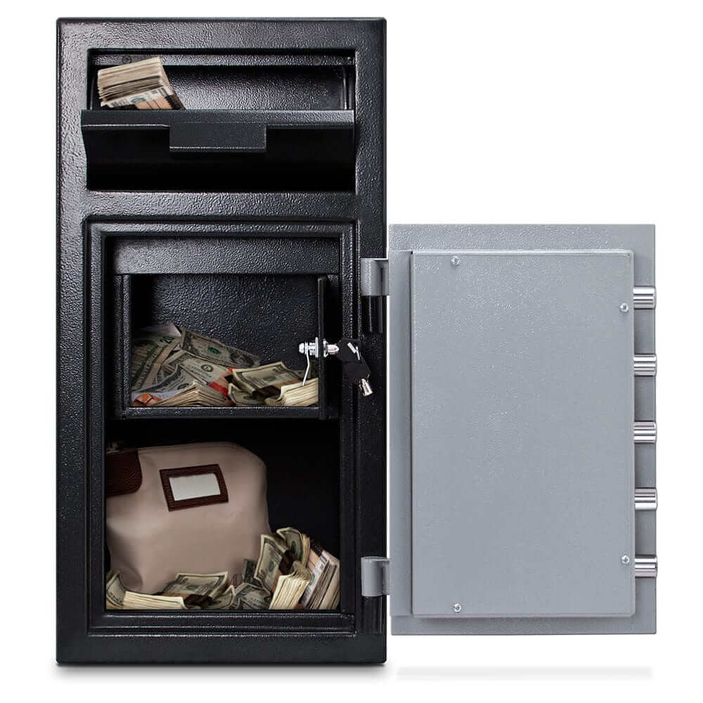 Mesa Depository Safe with money inside, showcasing front loading deposit door for secure cash storage.