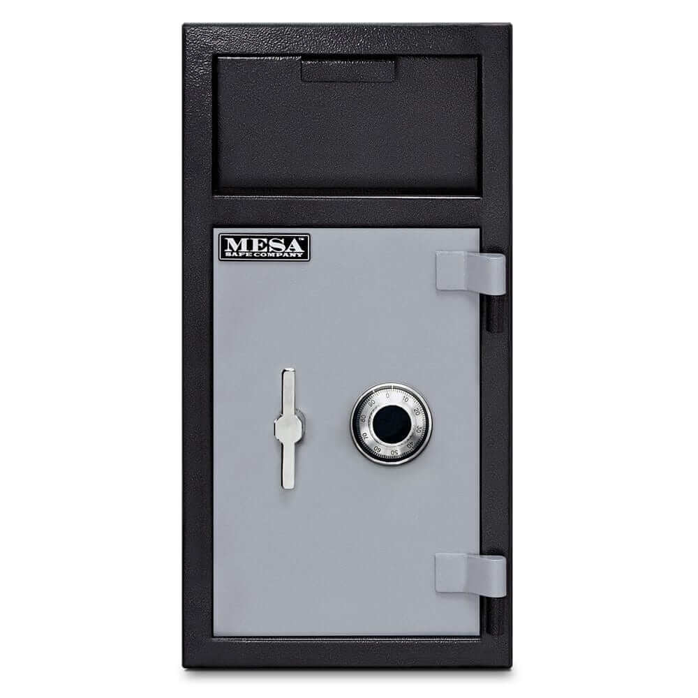 Mesa Depository Safe - 1.3 cu. ft. with combination lock, two-tone black and grey finish, front loading deposit door.