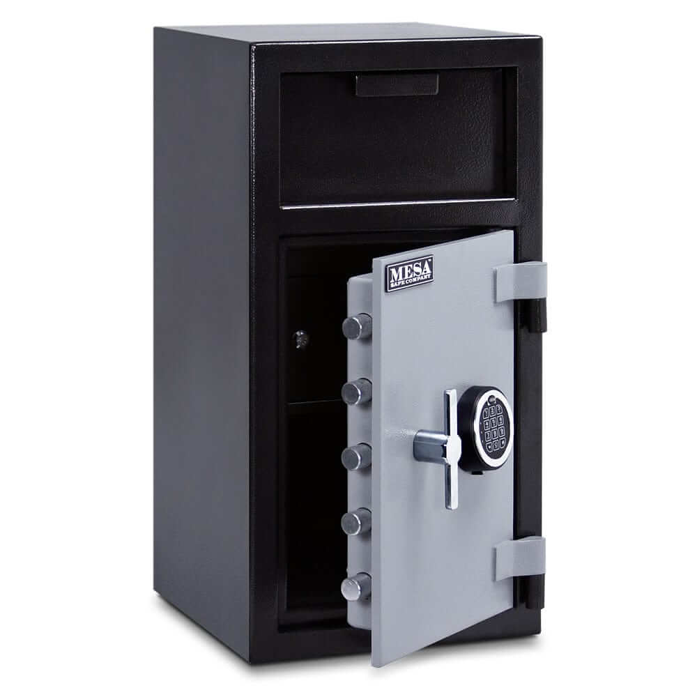 Mesa Depository Safe - 1.3 cu. ft. with electronic lock, two-tone black and grey finish, designed for secure cash storage.