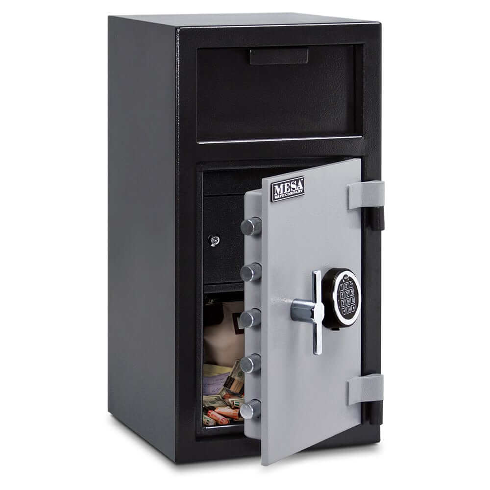 Mesa Depository Safe 1.3 cu. ft. with electronic lock, two-tone black and grey finish for secure cash storage.