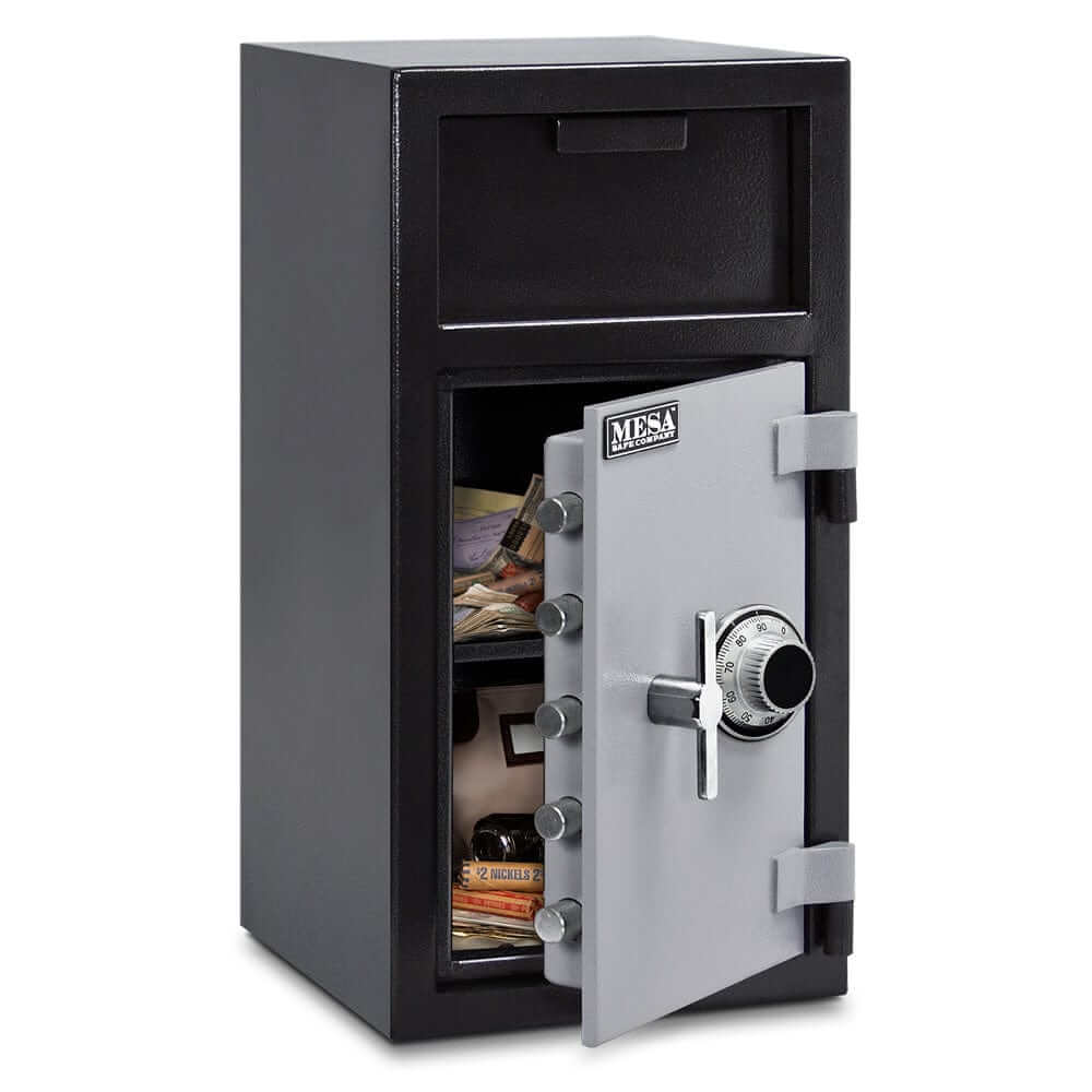 Mesa Depository Safe MFL2714C with combo lock, front loading deposit, and grey-black finish for secure cash storage.