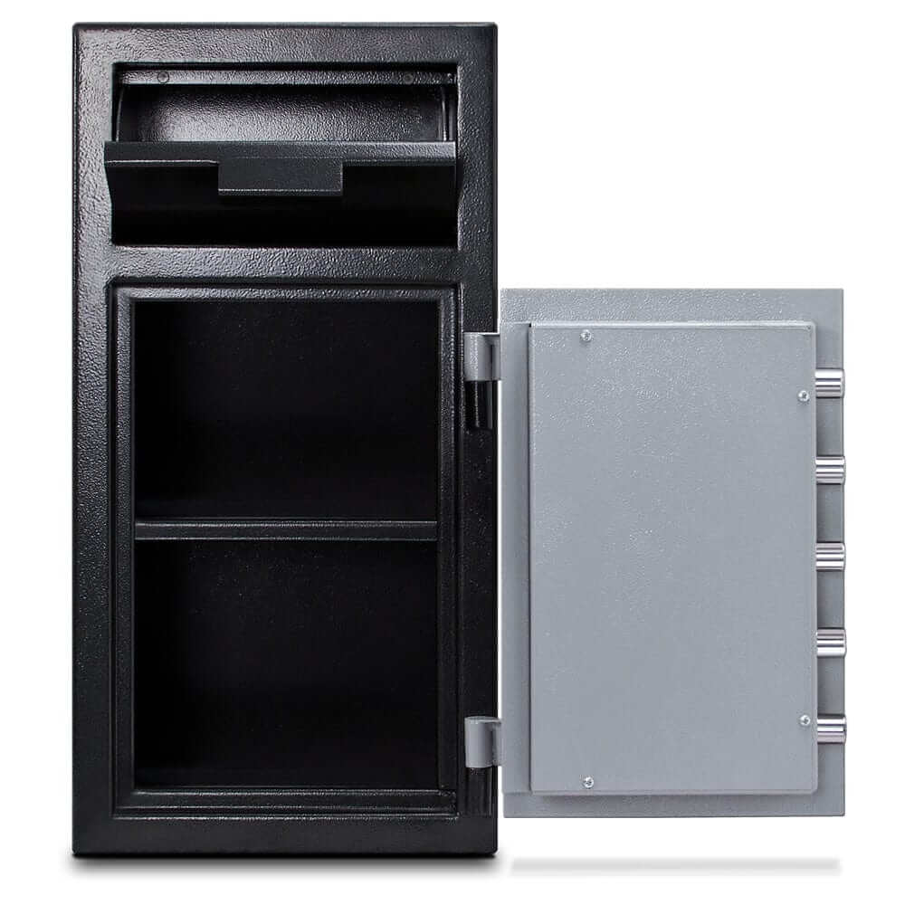 Mesa Depository Safe with front loading deposit door, black and grey finish, designed for secure cash storage.