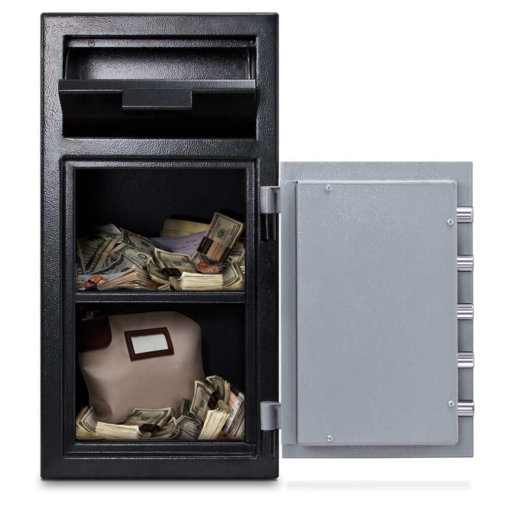 Mesa Depository Safe open, showing cash and valuables inside, featuring a combination lock and black finish.