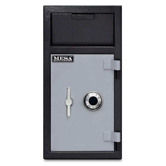 Mesa Depository Safe MFL2714C with combination lock and front-loading deposit slot in two-tone black and grey finish.