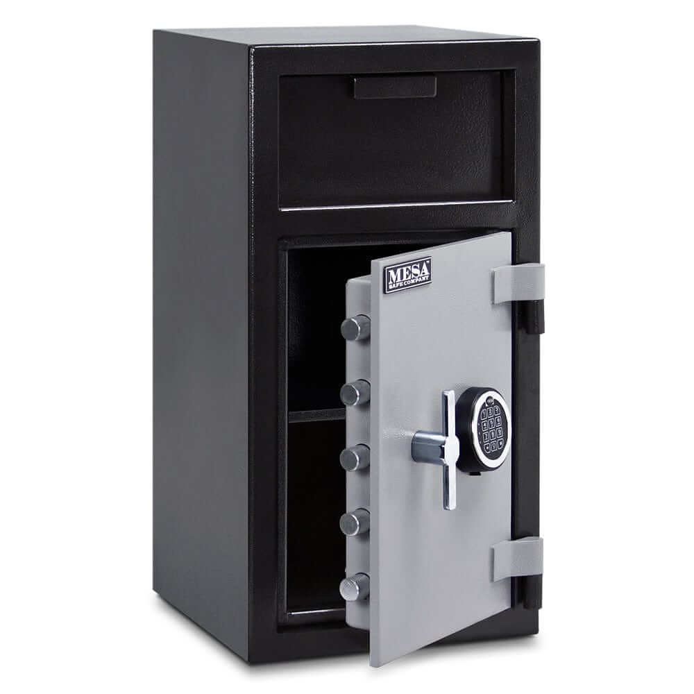 Mesa Depository Safe with electronic lock, 1.4 cu. ft., two-tone black and grey finish for secure cash storage.