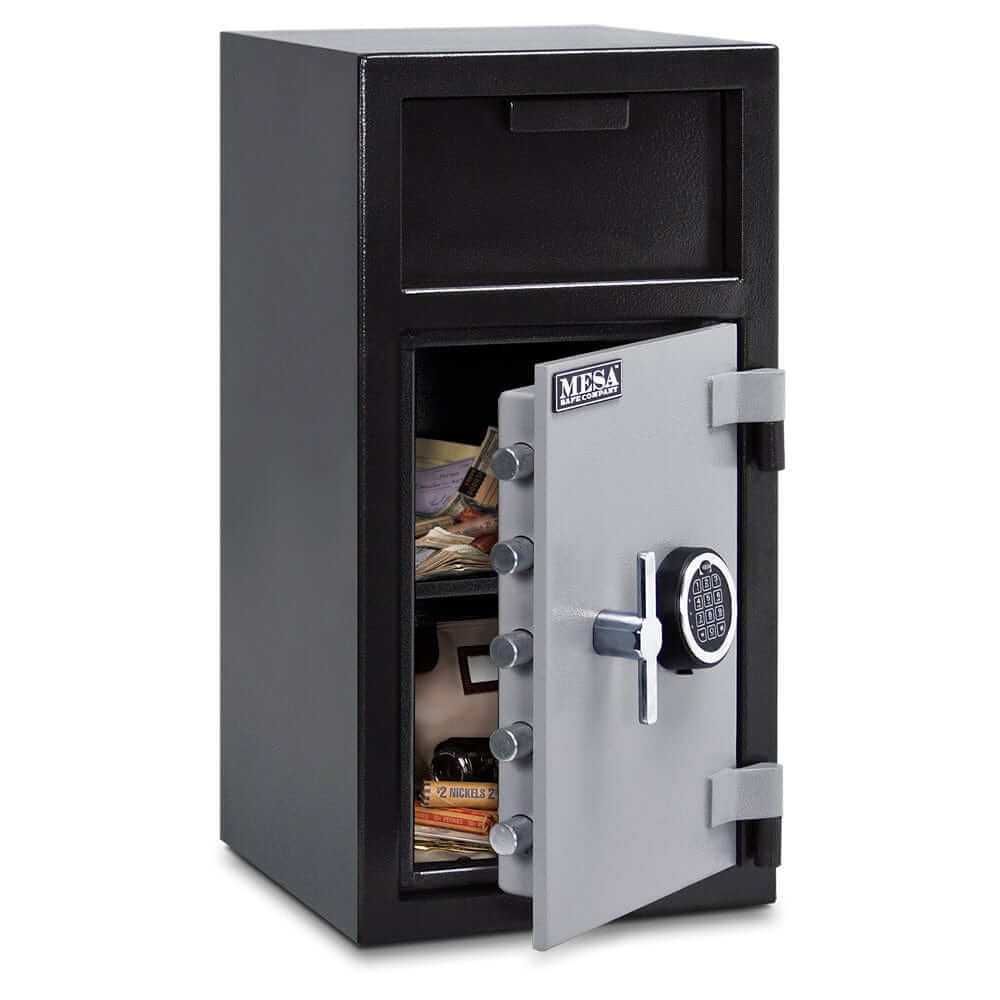 Mesa Depository Safe MFL2714E with electronic lock, 1.4 cu. ft., two-tone black and grey finish, secure cash storage.