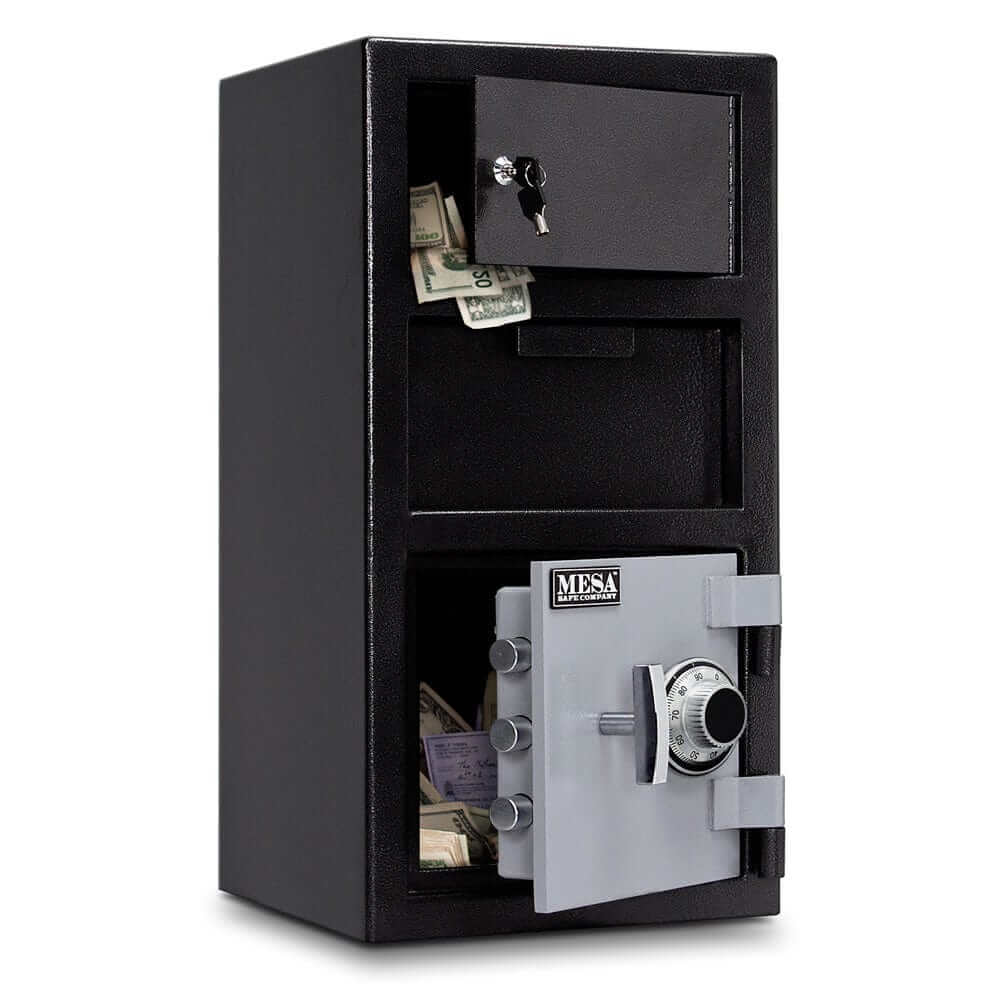 Mesa depository safe with combination lock, front loading deposit, and cash storage, in black and grey finish.