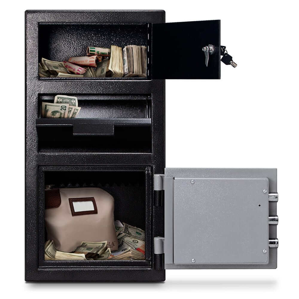 Mesa Depository Safe MFL2014C-OLK with cash, featuring front loading deposit door and secure storage compartments.