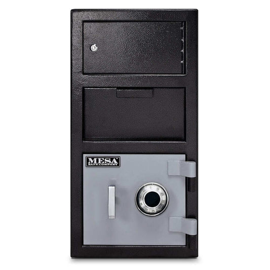 Mesa Depository Safe MFL2014C-OLK with combination lock, front-loading deposit, and two-tone black and grey finish. 