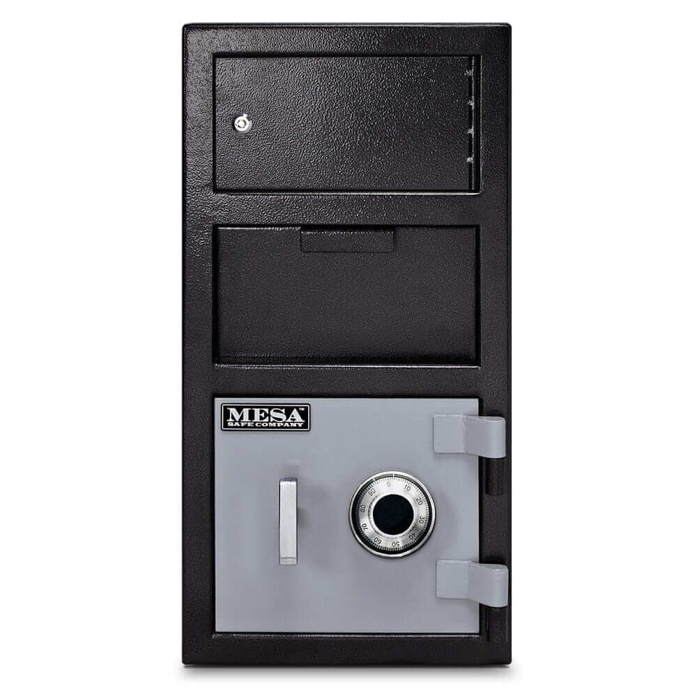 Mesa Depository Safe MFL2014C-OLK with combination lock, front-loading deposit, and two-tone black and grey finish.