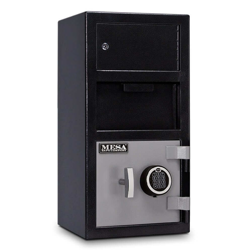 Mesa depository safe with electronic lock, two-tone black and grey finish, ideal for secure cash storage.