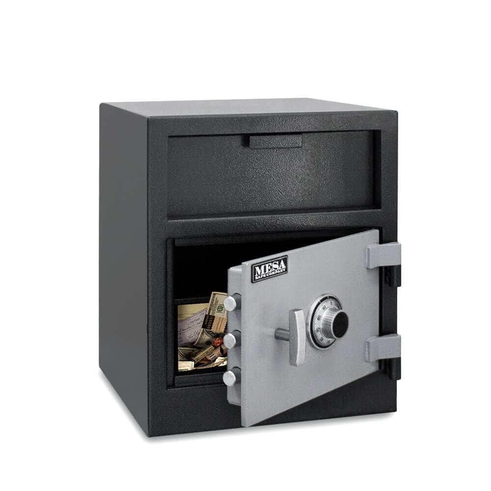 Mesa depository safe with combination lock, front loading deposit door, ideal for secure cash storage.