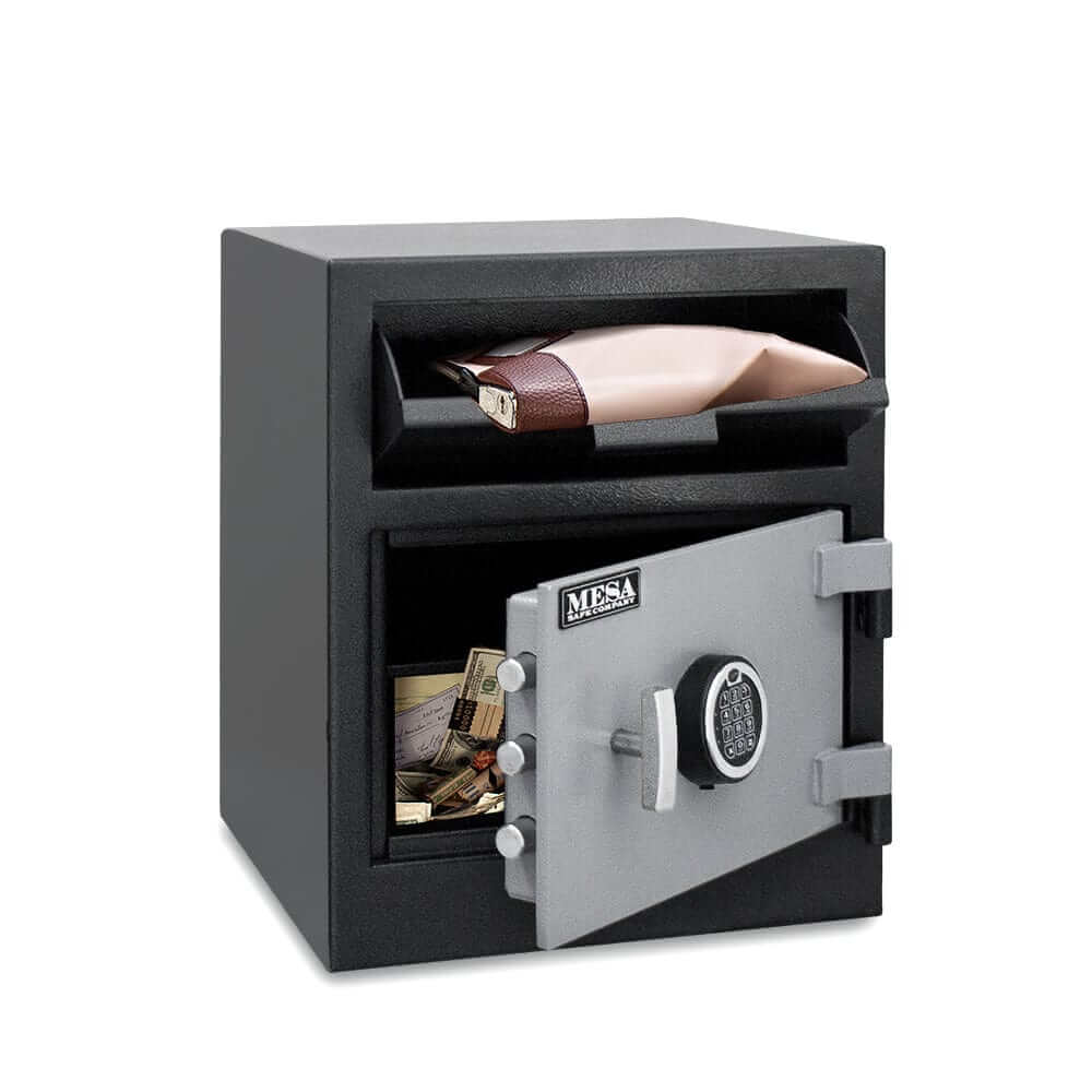 Mesa Depository Safe MFL2118E with electronic lock, featuring secure front-loading deposit and cash storage.