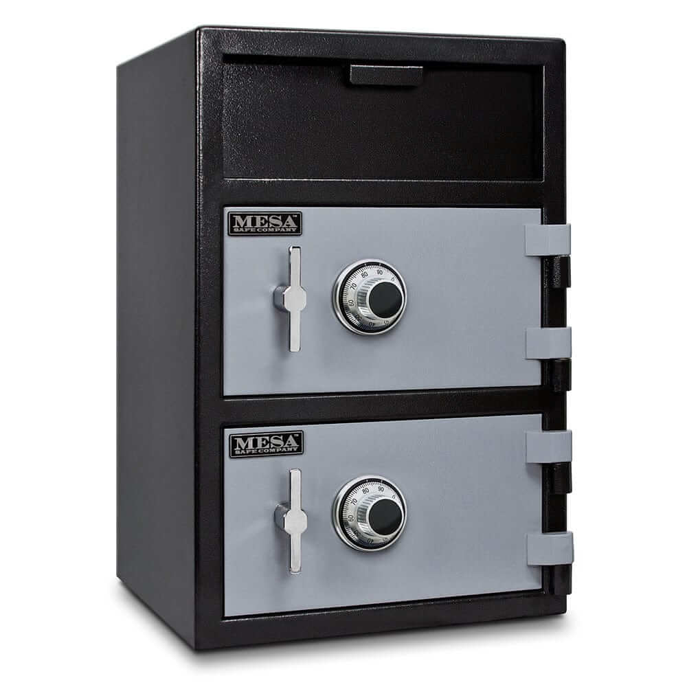 Mesa Depository Safe MFL3020CC with dual combination locks, black and grey finish, designed for secure cash storage.