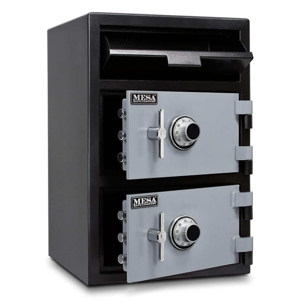 Mesa Depository Safe with combination locks, two-tone black and grey finish, secure cash storage design.