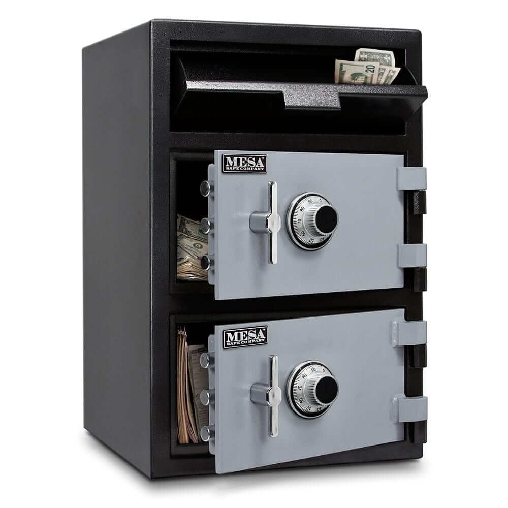 Mesa Depository Safe with two combination locks, cash storage compartment, and steel construction in black and grey finish.