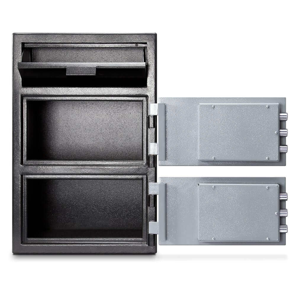 Mesa Depository Safe MFL3020CC with dual compartments and combination lock, black and grey finish, built for secure cash storage.