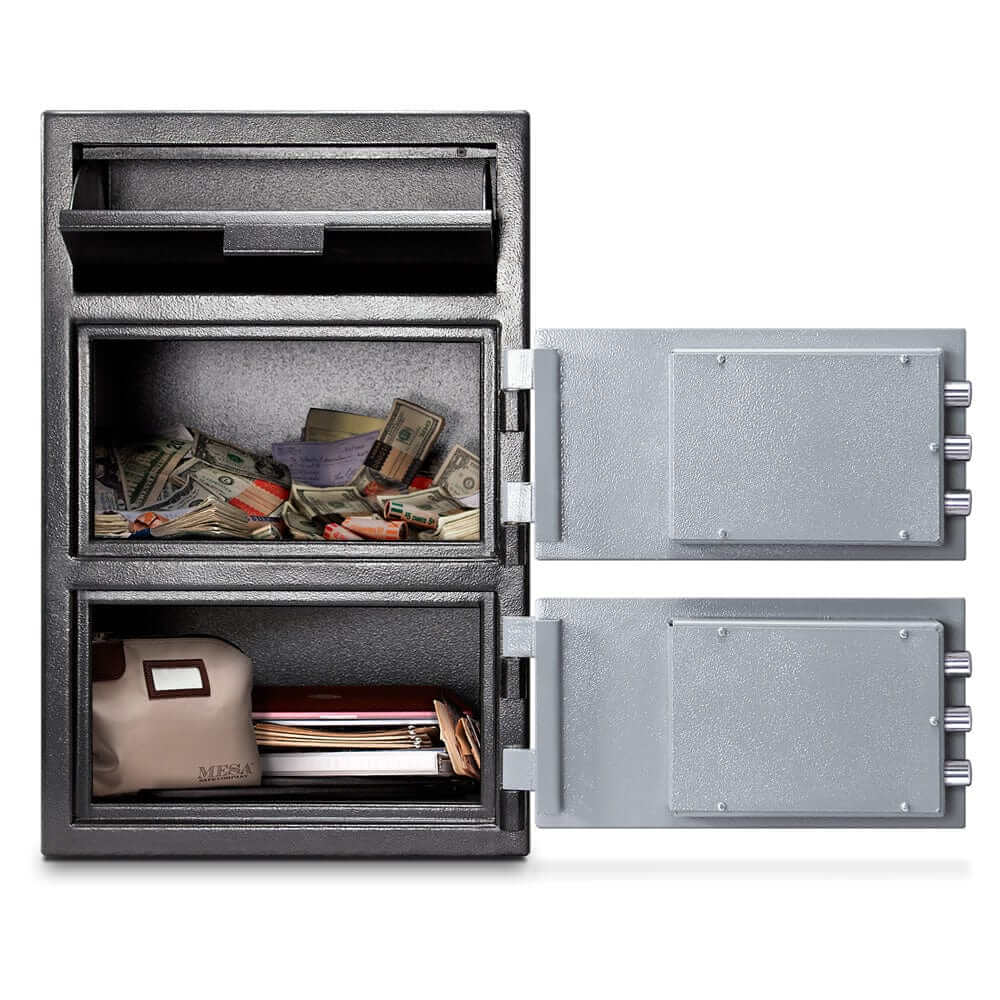 Mesa Depository Safe interior showing cash, documents, and dual compartments for secure storage.