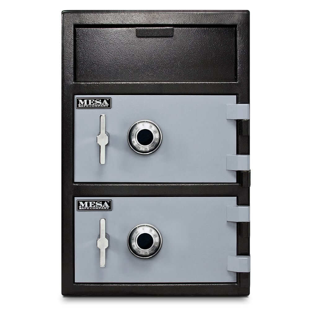 Mesa Depository Safe MFL3020CC with combination lock, dual compartments, and black & grey finish for secure cash storage.