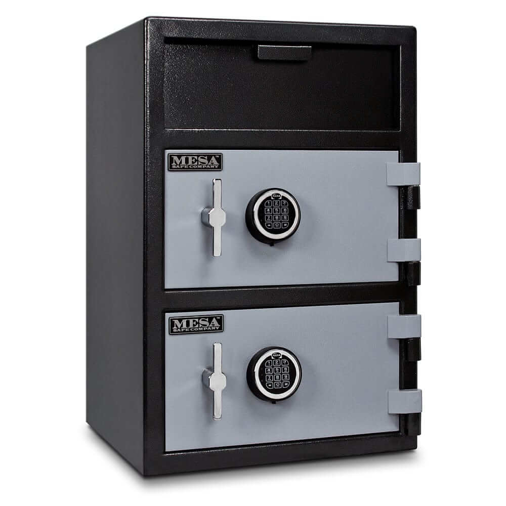 Mesa depository safe with electronic lock, two-tone black and grey, secure for cash and valuables storage.