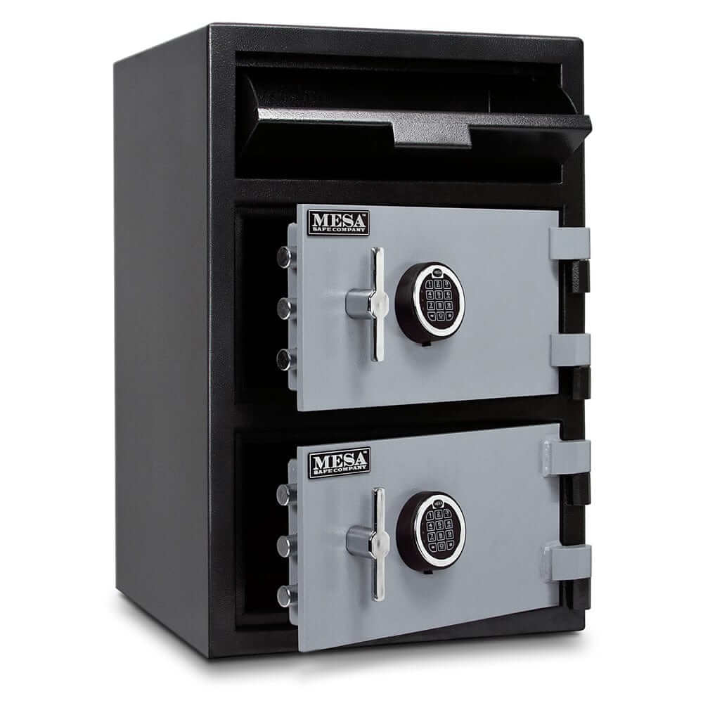 Mesa Depository Safe with electronic lock and dual compartments for secure cash storage.