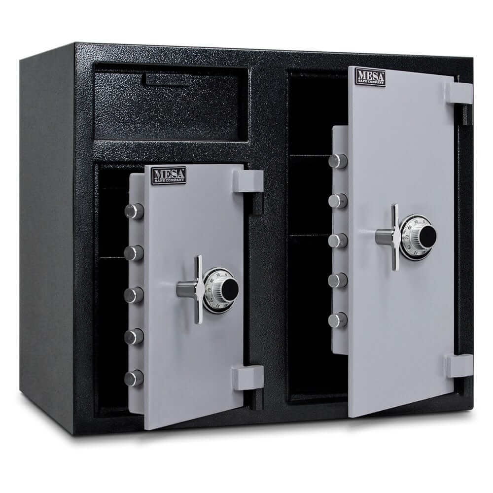 Mesa Depository Safe with dual combination locks and two-tone black & grey finish, designed for secure cash storage and theft protection.