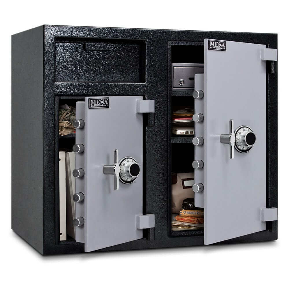 Mesa Depository Safe with two-tone black and grey finish, combination lock, and secure storage for cash and valuables.