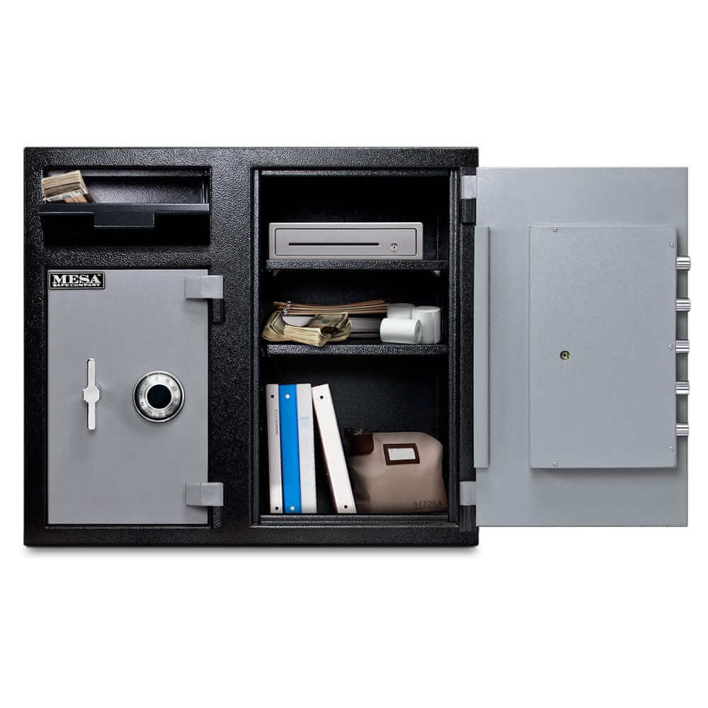 Mesa Depository Safe MFL2731CC open view - all steel construction, combination lock, storage for cash and valuables.