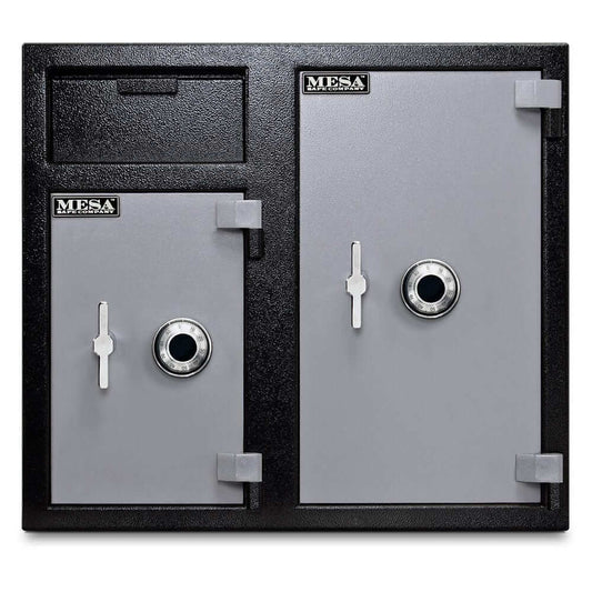 Mesa Depository Safe MFL2731CC with two-tone black and grey finish and combination locks for secure cash storage. 