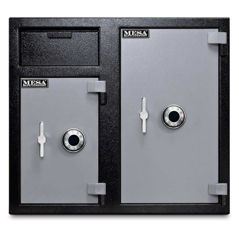 Mesa Depository Safe MFL2731CC with two-tone black and grey finish and combination locks for secure cash storage.