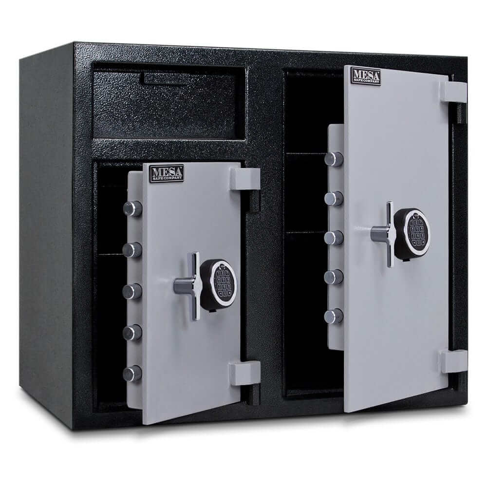 Mesa Depository Safe MFL2731EE with electronic lock, dual compartments, and solid steel construction, two-tone black and grey finish.